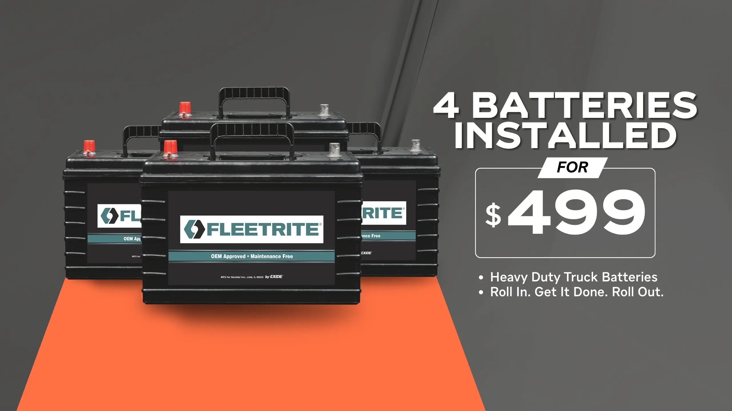 4 Fleetrite heavy duty truck batteries installed for $499 at Border International